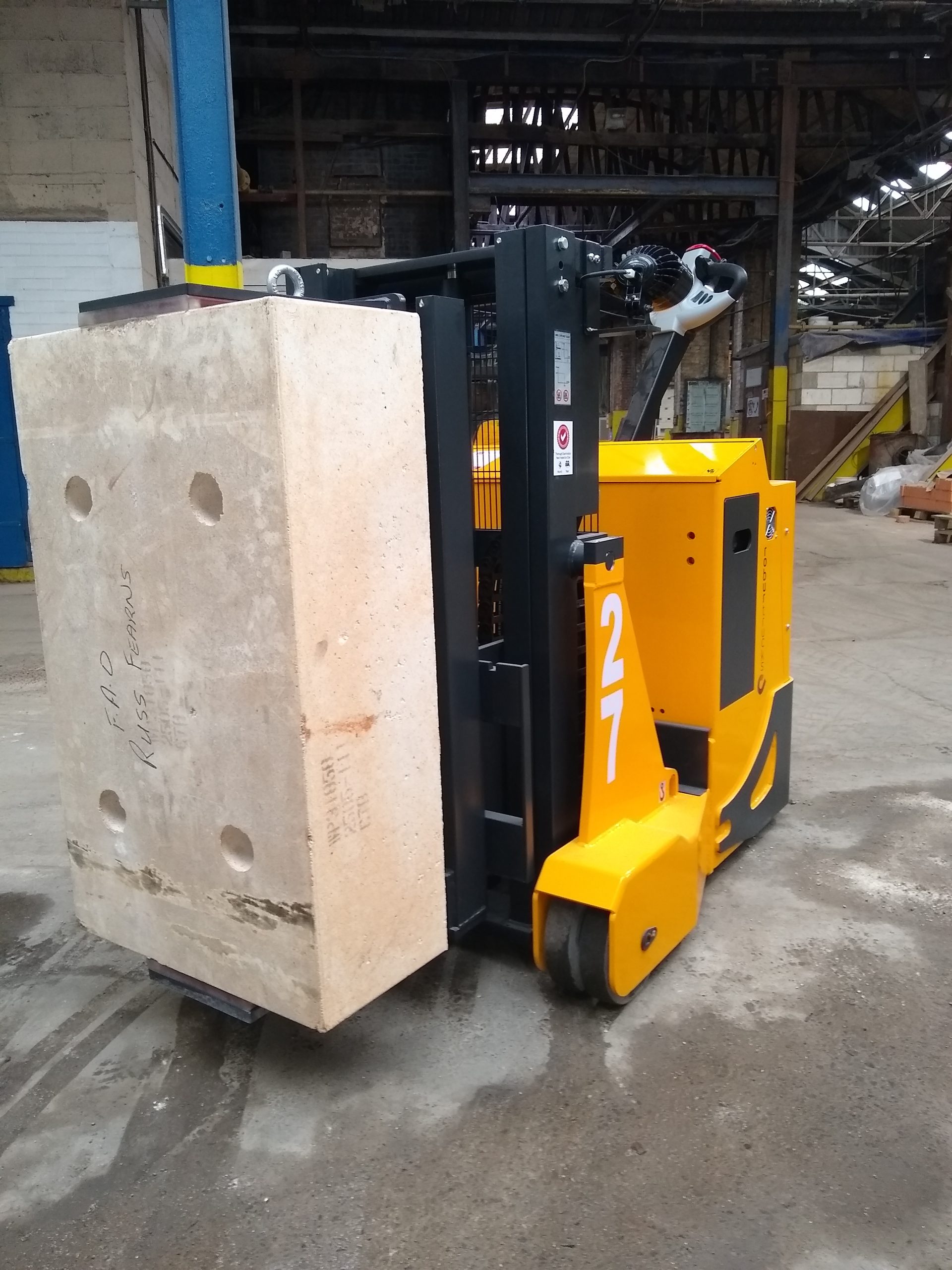 SBC C XTS FFL 1610, 1000kg capacity pedestrian electric stacker with special clamp for load / un-loading kilns.